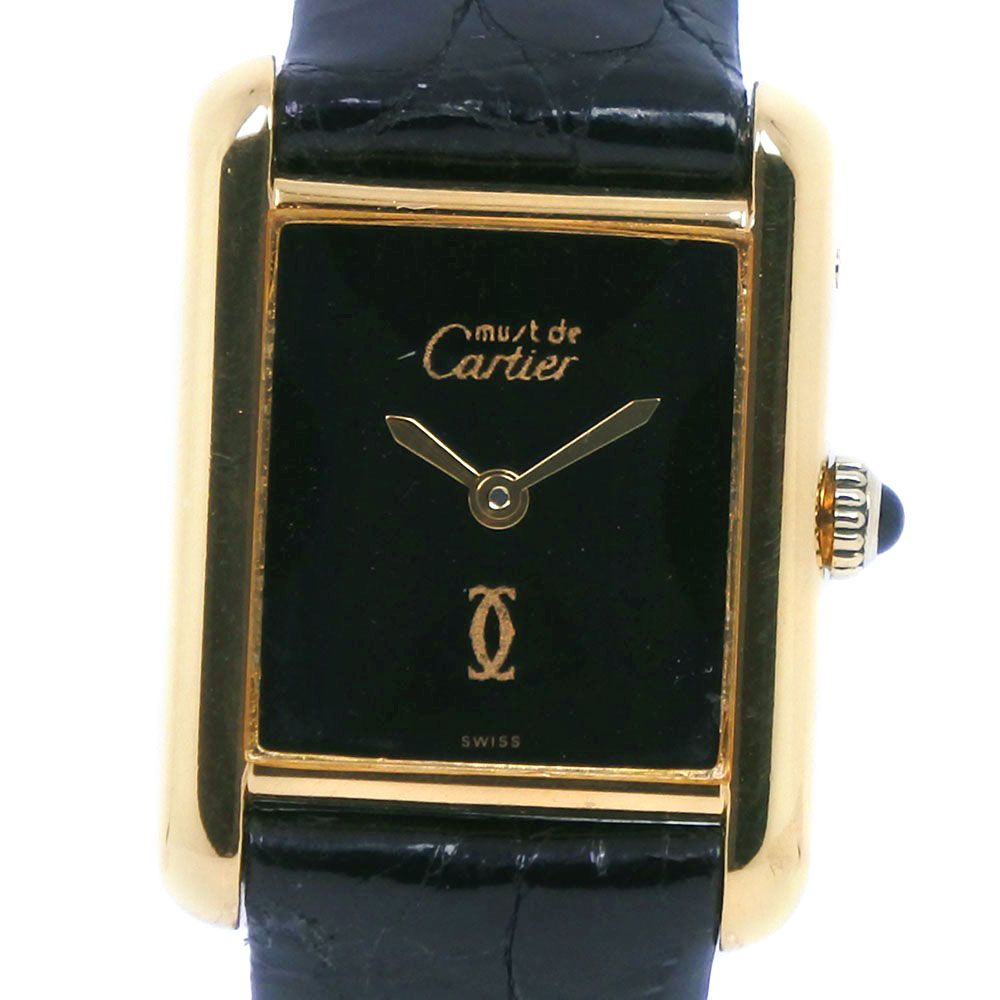 大特価アウトレット Cartier カルティエ マストタンク シルバー レザー ゴールド 手巻き アナログ表示 レディース 黒文字盤 腕時計 A ランク 今月限定 特別大特価 Aivs60 Org