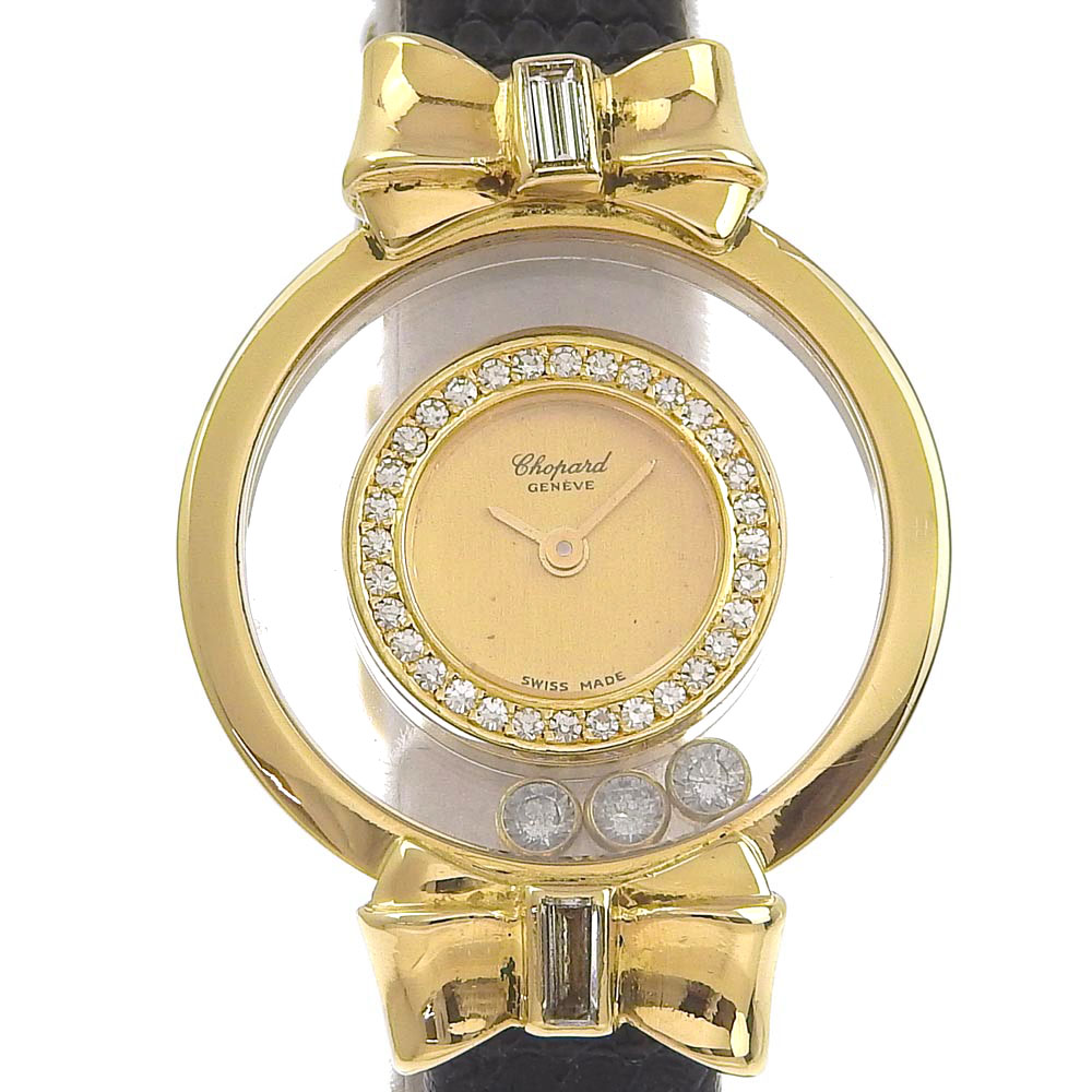 ショパール Chopard ハッピーダイヤモンド 腕時計 リボン 205334 K18イエローゴールド×レザー スイス製 黒 クオーツ アナログ表示 ゴールド文字盤 Happy diamond レディース