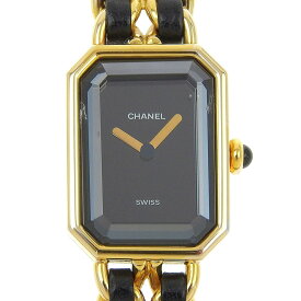 シャネル CHANEL プルミエールL 腕時計 金メッキ×型押しレザー スイス製 クオーツ アナログ表示 黒文字盤 Premiere L レディース【中古】