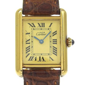 カルティエ CARTIER マストタンクSM 腕時計 cal.057 シルバー925×レザー クオーツ アナログ表示 ゴールド文字盤 Must tank SM レディース【中古】