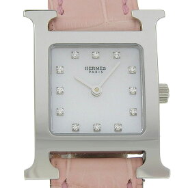 エルメス HERMES Hウォッチ 12Pダイヤ 腕時計 HH1.210 ステンレススチール×アリゲーター 2006年 □J クオーツ アナログ表示 ホワイトシェル文字盤 Heure H watch 12P diamond レディース【中古】A+ランク