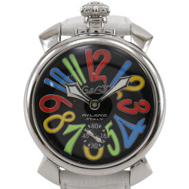 ガガ・ミラノ Gaga Milano マニュアーレ48 腕時計 ステンレススチール×型押しレザー イタリア製 マルチカラー 手巻き スモールセコンド 黒文字盤 Manuale 48 メンズ【中古】