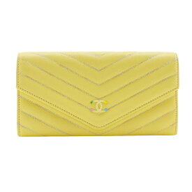 シャネル CHANEL Vステッチ 長財布 ココマーク ラムスキン 黄 スナップボタン V stitch レディース【中古】