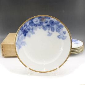 大倉陶園 OKURA 1919年ラベル 戦前マロン印 特注品 【 久世鷹の羽紋 】 ブルーローズ 岡染め皿 6客 食器 陶磁器 1919 Label, Pre-war Marron Brand, Custom Order [Kuse Hawk Feather Crest] Blue Rose Okazome Plates, Set of 6 _【中古】