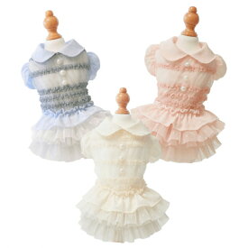 GODPIVA COOLドットチュールフリルワンピース 春 夏 犬服 クール加工 虫よけ 女の子 フリル ワンピ レース お揃い おしゃれ かわいい 日本製 ブルー アイボリー ピンク ゴッドピバ ※一部お取り寄せ※