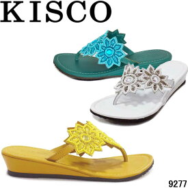 キスコ 9277 KISCO 本革 フラワーモチーフビーズ飾りトングサンダル リゾート 3.5cmヒール 婦人靴 レディース