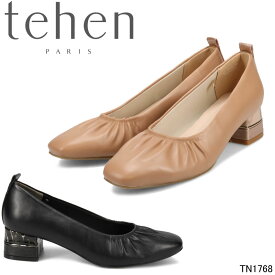 テーン TN1768 tehen デザインヒールのギャザーパンプス カジュアルシューズ ブラック ベージュ 婦人靴 レディース