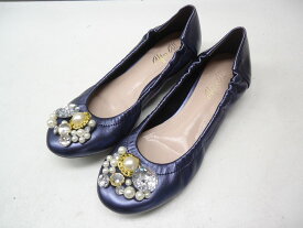 after all■23.0cm■レディース レザー ビジュー パール ローヒール フラット パンプス バレエシューズ■NAVY/ネイビー/紺色■ビジューやパープルのメタリックカラーがとても綺麗です☆【中古】