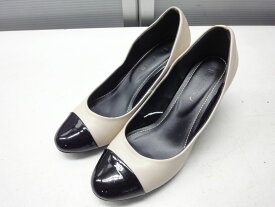 Honeys/ハニーズ■L(24.0cm程度)■GLACIER グラシア エナメル レザー パンプス■ベージュ/ブラック/ゴールド■コンビ素材、バイカラーパンプス☆ヒール部分のメタルゴールドラインがワンポイント◎【中古】