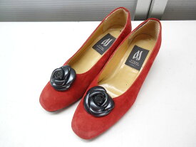 missy madras ITARY/ミッシーマドラス■22.5cm■スエード　スクエアトゥ フラワー パンプス MM 0867■RED/レッド/赤色■高品質の日本製☆【中古】