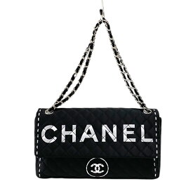 シャネル CHANEL ロゴフラップバッグ ブラック シルバー金具 ナイロン レディース ショルダーバッグ【中古】