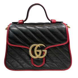グッチ GUCCI GGマーモント ミニトップハンドル 583571 ブラック・レッド レザー レディース ショルダーバッグ【中古】