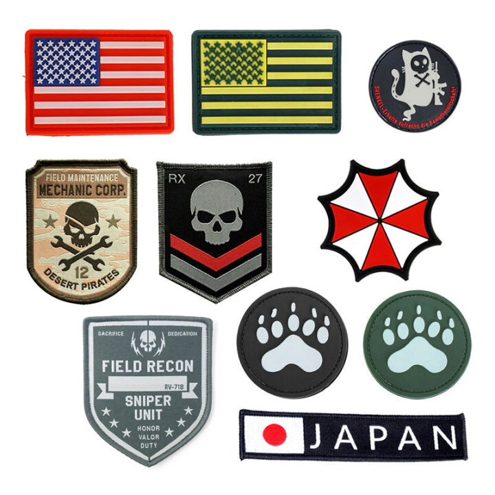 楽天市場 ミリタリーワッペン パッチ 簡単装着 ベルクロ付き 10種 ミリタリー ワッペン 米軍 アメリカ 日本 Japan バイオハザード スカル Mechanic Corp Sniper スナイパー クマの手 サバゲー サバイバルゲーム 装備 メール便対応 アウトサイダー