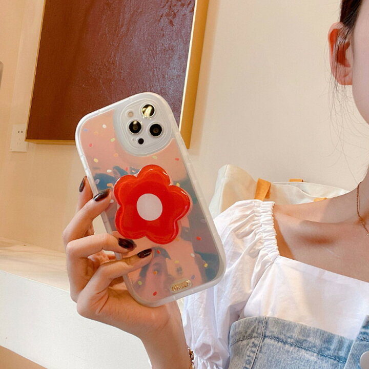 楽天市場 スマホケース クリアキュートカラーリングレッドフラワーバンカーリング付きiphoneケース A オーバーラップ楽天市場店