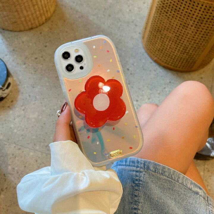 楽天市場 スマホケース クリアキュートカラーリングレッドフラワーバンカーリング付きiphoneケース A オーバーラップ楽天市場店