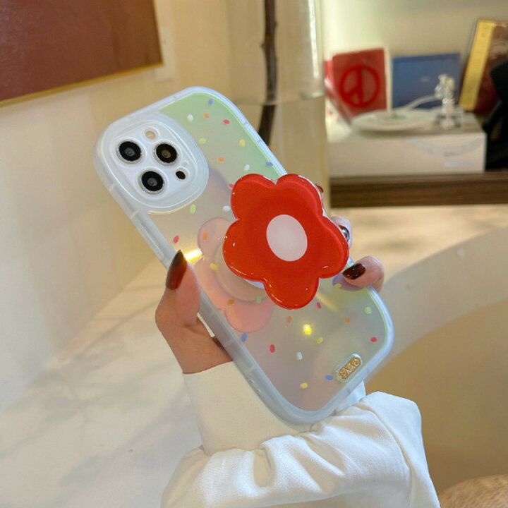 楽天市場 スマホケース クリアキュートカラーリングレッドフラワーバンカーリング付きiphoneケース A オーバーラップ楽天市場店