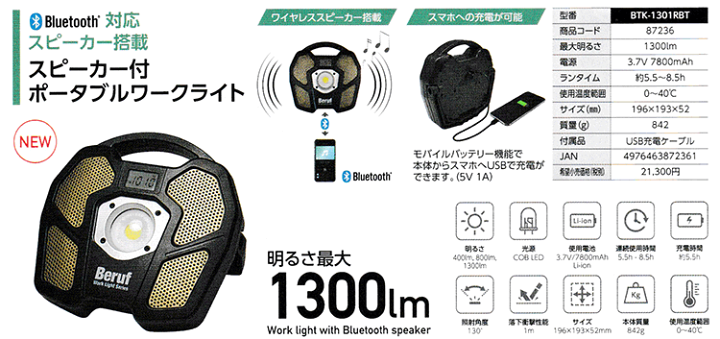 Beruf(ベルーフ) スピーカー付ワークライトBluetooth 1300lm