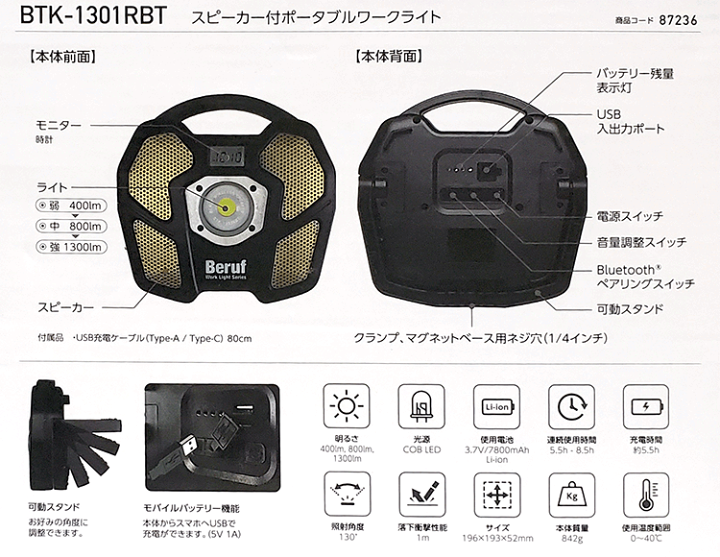ラジオ付ポータブルワークライトBTK-1301RRD | 防災・防犯