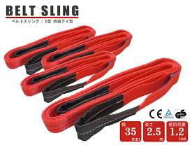 【スーパーSALE限定価格】スリングベルト ベルトスリング 玉掛けスリング 4本セット ポリエステル製 2.5M 幅35mm 1.2t E型 両端アイ型 赤 レッド ポリエステルスリング ソフトタイプ 荷役作業