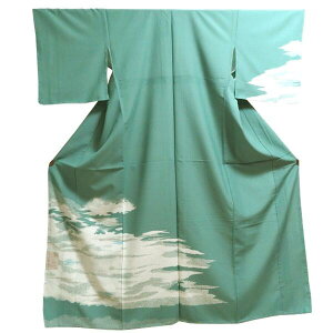 【袷付下げ】仕立上り【日本製】雲の柄 緑系 (174) 付け下げ 着物 洗える ポリエステル 仕事 披露宴 パーティー お茶会 記念日 同窓会 祝賀会 お稽古 結納 お宮参り 入学式 入園式 1月〜5月 10