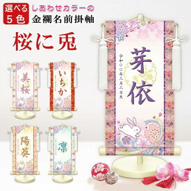 名入り掛け軸　桜に兎　白色系選べる5色　3サイズ専用スタンド　飾り房付き　手彩色仕上げ名入れ掛軸　名前掛け軸　初節句 桃の節句 お雛様　【送料無料】　名前旗
