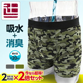 ポイント5倍 【超得! 2枚組×2倍セット】 20cc 失禁パンツ 男性用 父の日 ボクサーパンツ 吸水パンツ リニューアル 東洋紡 TOYOBO galaxy 前開き メンズ 迷彩柄　カモフラージュ 迷彩パンツ 尿漏れパンツ 漏れ 敬老 大きいサイズ 軽失禁 失禁 尿もれ 柄 辻一株式会社