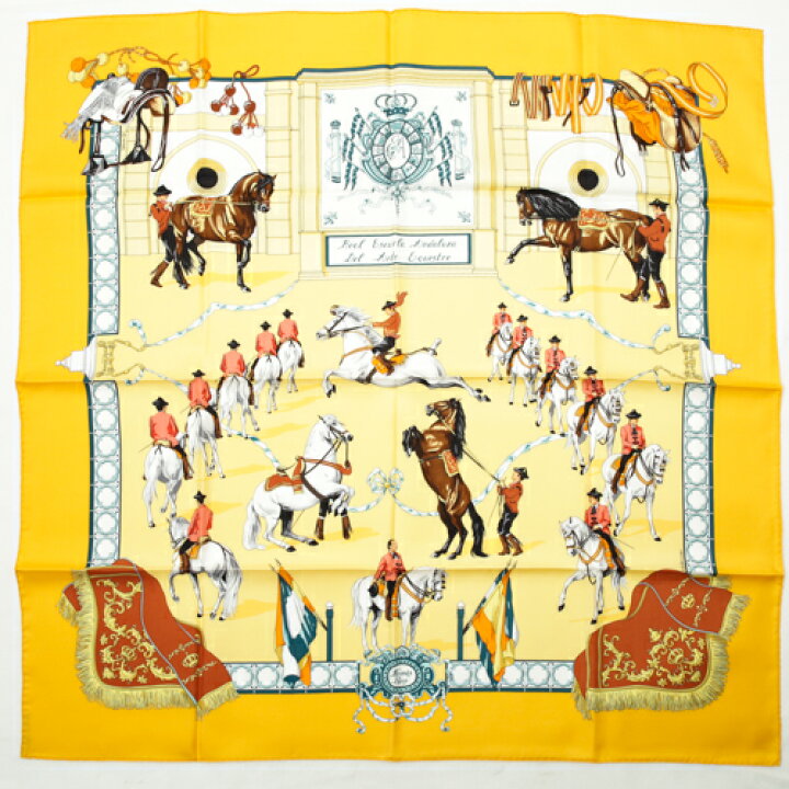 HERMES カレ90 王立アンダルシア馬術学校 大判 めぐっ スカーフ シルク 100 