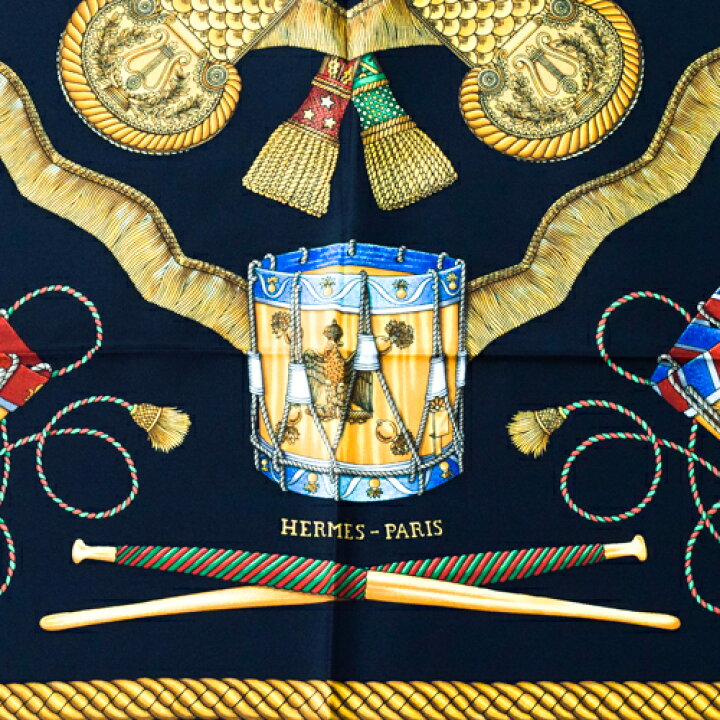 一番の贈り物 エルメス カレ 90 Les Tambours タンブールの太鼓 レディース スカーフ 大判 シルク グリーン系 ネイビー Hermes Fucoa Cl