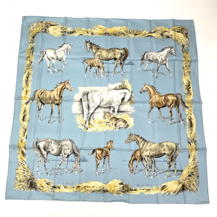 楽天市場 エルメス Hermes スカーフ カレ90 シルク100 Les Poulains Xavier De Poret 子馬のイラスト 馬柄 バンダナ レディース メンズ ライトブルー マルチカラー 極美品 Mad P O S H Online Store 楽天市場店