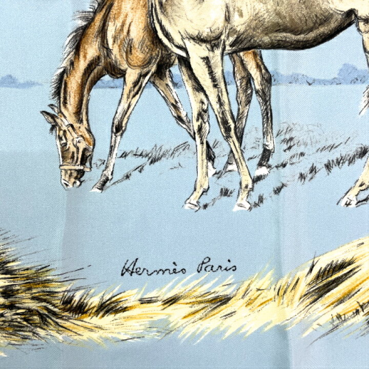 楽天市場 エルメス Hermes スカーフ カレ90 シルク100 Les Poulains Xavier De Poret 子馬のイラスト 馬柄 バンダナ レディース メンズ ライトブルー マルチカラー 極美品 Mad P O S H Online Store 楽天市場店