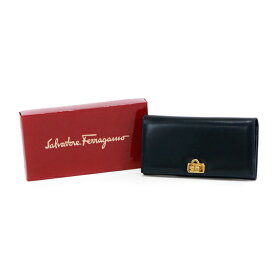 サルバトーレ フェラガモ Salvatore Ferragamo 長財布 レザー ガンチーニ 222035 二つ折り カードケース 札入れ ゴールド金具 レディース メンズ ネイビー 中古 man01043