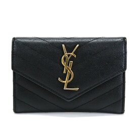 サンローラン SAINT LAURENT モノグラム スモール エンベロープウォレット 二つ折り財布 グレインレザー カーフスキン 414404 Vステッチ YSL金具 ミディアムウォレット コインケース パスケース レディース メンズ ブラック 美品 中古 man26058