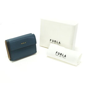 フルラ FURLA バビロン コンパクト トライフォールド ウォレット PVC / レザー PCY9UNO ミディアムウォレット コンパクトウォレット カードケース 三つ折り財布 レディース ブルー / ベージュ 極美品 中古 maq26001