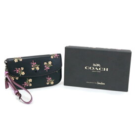 コーチ COACH ミニ クラッチバッグ グラブタン (レザー) フラワープリント / 花柄 24019B ポーチ コインケース ストラップ付 長財布 かぶせ蓋 ロングウォレット レディース ブラック / マルチカラー 中古 mav13002