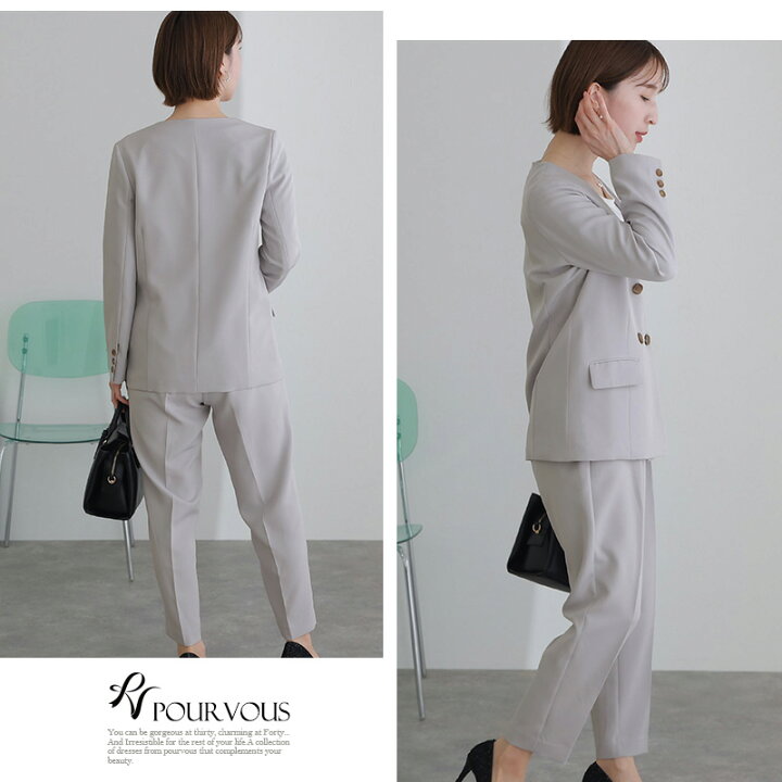 楽天市場】2点セット ノーカラー ダブルジャケット パンツスーツ  