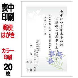 喪中はがき 印刷 郵便はがき 官製はがき カラー印刷 20枚 喪中 印刷(85円はがきに印刷) 喪中ハガキ 喪中葉書 喪中印刷 喪中はがき印刷 喪中ハガキ印刷 喪中葉書印刷