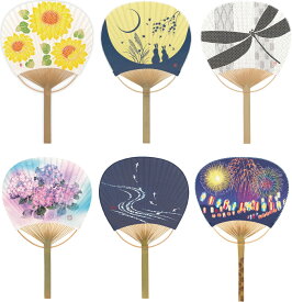 竹うちわ 6本セットC ひまわり・うさぎ・トンボ・あじさい・鮎・花火 竹団扇