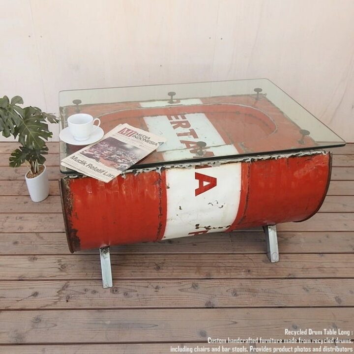 楽天市場】一点物 ドラム缶をリメイクしたテーブル 90cm ロング ガラス 