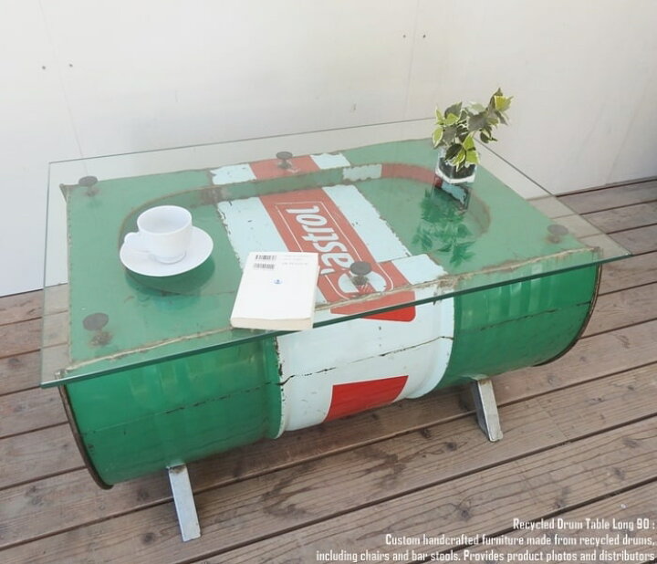 楽天市場】一点物ドラム缶をリメイクしたテーブル 90cm ロング ガラス 