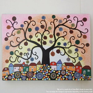 ドットアート 80cm × 60cm Town&TreeOfLife 生命の樹 ドットペインティング 生命の木 モダンアート アジアンアート 手描き 絵画 アートパネル バリアート ウォールデコレーション 壁掛け 壁飾り リ