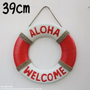 浮き輪のウェルカムボード 39cm 白赤 ラウンド 円形 ウェルカム サインボード 壁掛飾り ハワイアン雑貨 バリ雑貨 アジアン雑貨 円型 丸型 ホワイト レッド ナチュラル リゾート ボヘミアン エ