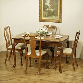 英国アンティーク家具 伸長式テーブル＆チェア4脚 ウォールナット材の杢目が美しいダイニング5点セット 猫脚 A787W