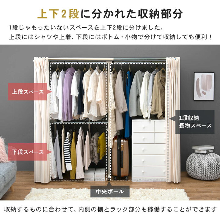 楽天市場 只今エントリーでp10倍 9 5は抽選ポイントも 伸縮式クローゼット Grande グランデ 高さ170cm 棚なしタイプ ハンガーラック おしゃれ 木製 伸縮 カバー付き カーテン付き 省スペース コートハンガー 洋服掛け 洋服ハンガー 衣類収納 シンプル インテリア