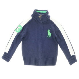 【中古】ポロ ラルフローレン Polo Ralph Lauren ミドルゲージコットンニット ジップアップカーディガン ネイビー×ホワイト×グリーン【サイズ110/56】【NVY】【S/S/A/W】【状態ランクC】【キッズ】【50102-955599】[2112DPD]