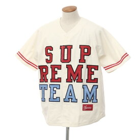 【中古】シュプリーム Supreme 2022年秋冬 Denim Baseball Jersey ライトオンスデニム ベースボールシャツ 半袖シャツ アイボリーxレッド【サイズM】【WHT】【S/S】【状態ランクB】【メンズ】【769675】[BPD]