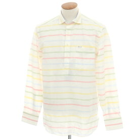 【中古】ファッソナブル Faconnable CLUB コットンリネン ボーダー プルオーバー カジュアルシャツ ホワイトxマルチカラー【サイズM】【S/S】【状態ランクA】【メンズ】