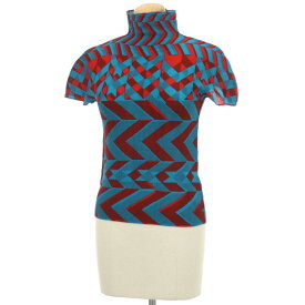 【中古】ミー イッセイミヤケ me ISSEY MIYAKE ポリエステル ストレッチプリーツ ハイネック 半袖カットソー・ブラウス ブルーxレッド【サイズ－】【S/S】【状態ランクB】【レディース】
