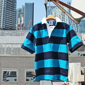 BARBARIAN "NEW JAPAN SIZE SPEC"　VSE-07 8oz REGULER SHORT SLEEVE RUGBY JERSEY ラガーシャツ 襟付き メンズ 半袖 ライトウエイト カナダ製 NAVY/CYAN S-XL　正規代理店商品 送料無料！