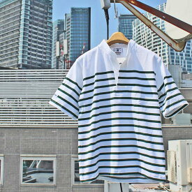 BARBARIAN "NEW JAPAN SIZE SPEC"　VSE-13 8oz HENLEY SHORT SLEEVE RUGBY JERSEY ヘンリーネック ラガーシャツ メンズ 半袖 ライトウエイト カナダ製 WHITE/BOTTLE S-XL　正規代理店商品 送料無料！