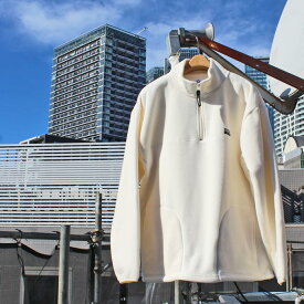 GERRY　23AW04-GE24 FLEECE HALF ZIP PULLOVER フリース ハーフ ジップ プルオーバー FLEECE STAND COLLAR JACKET ヘンリーネック HENLEY NECK　長袖 おしゃれ オーバーサイズ ビックシルエット ドロップショルダー MENS メンズ LADIES レディース　IVORY　M-LL　送料無料！